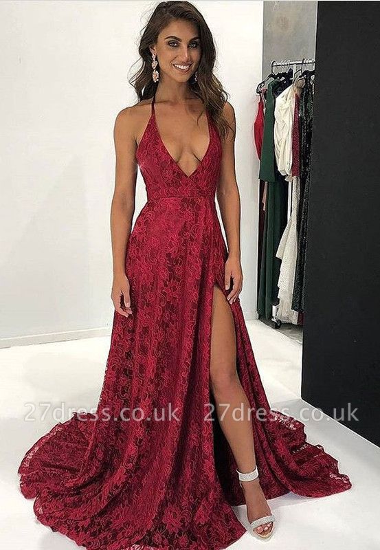 Dark Red Lace Prom Dress UK | V-Neck Evening Gowns With Slit BA9243