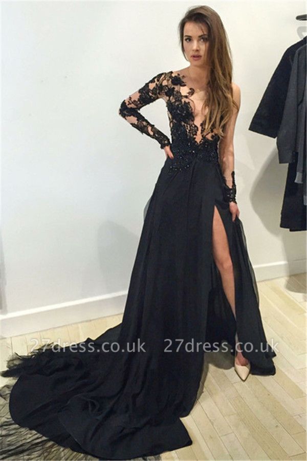 Elegant Black Lace Appliques Prom Dress UK Front Split Long Sleeve Sweep Train