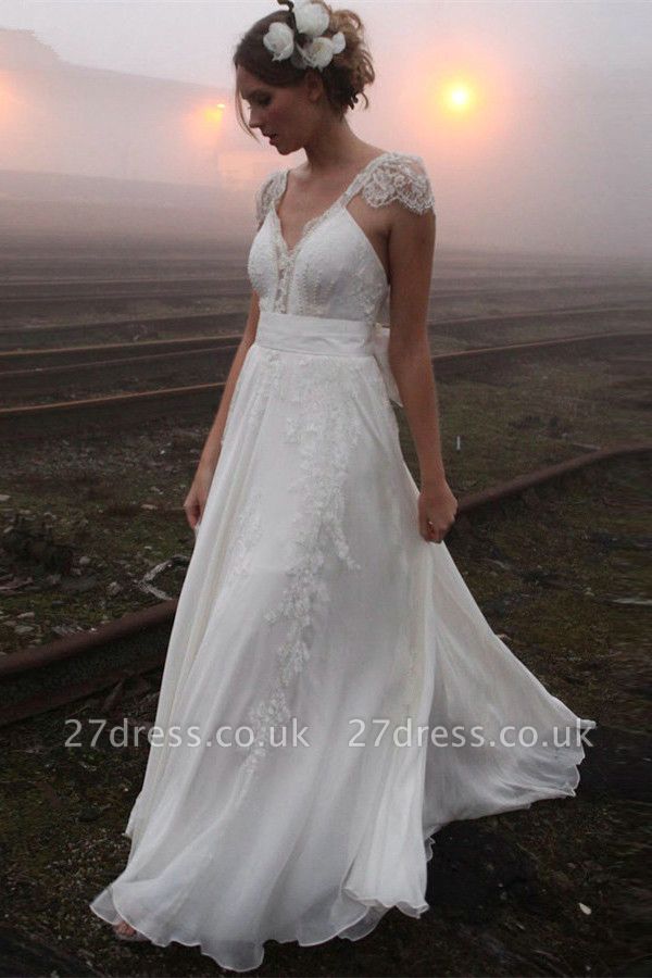 Elegant Summer Beach Wedding Dresses UK Cap Sleeve Lace Long  Bridal Gowns