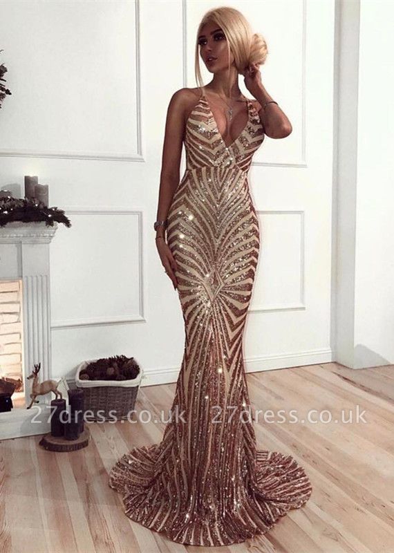 Elegant V-Neck Mermaid Prom Dress UK | Sequins Long Evening Dress UK