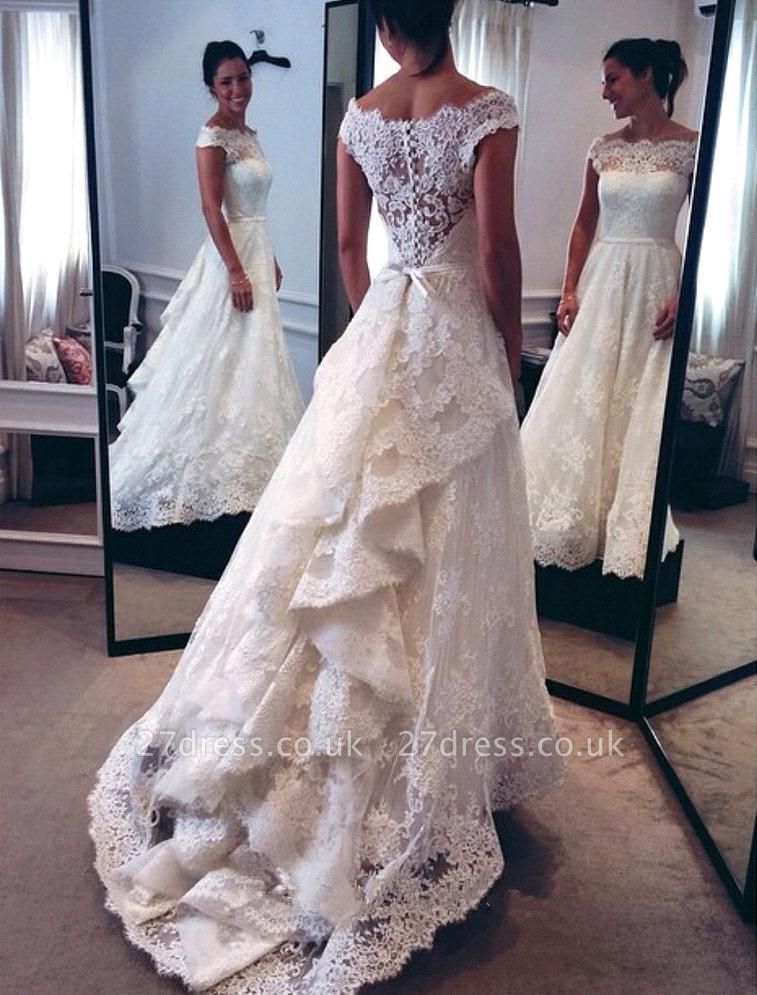 Amazing Short Sleeve Lace Wedding Dresses UK Zipper Button Designer Bridal Gowns