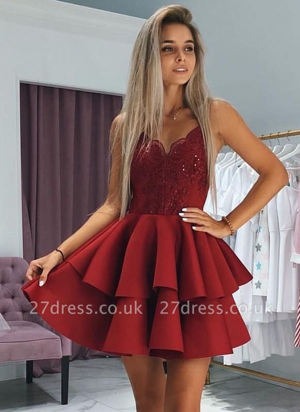 A-Line Layers Homecoming Dress UKes UK | Spaghetti Straps Lace Cocktail Dress UKes UK with Appliques
