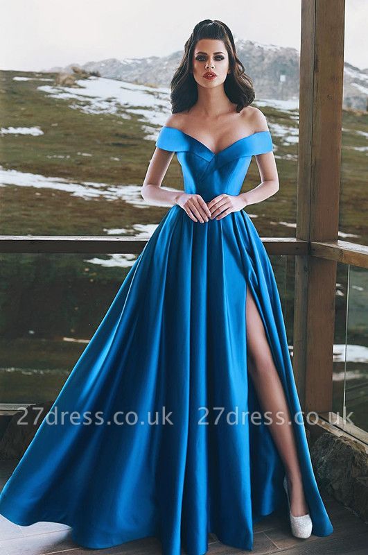 Blue Off-the-Shoulder Prom Dress UK | Long Evening Gowns With Slit BA8863