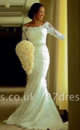 Elegant Half-Sleeve Lace Wedding Dress Sexy Mermaid Crystal Bow Back
