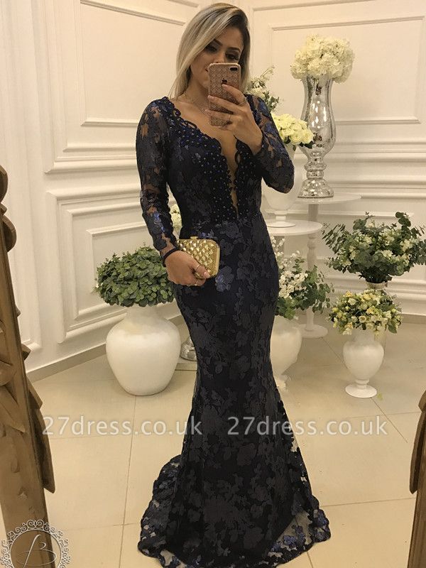 Sexy Long Sleeve Lace Evening Dress UK Mermaid Beadings BA7446 Formal Dress
