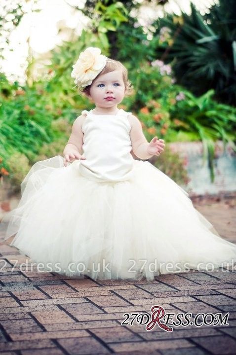 Sleeveless Scoop Tull Flower-Girl-Dresses Ball-Gown Pearls Pageant-Dress