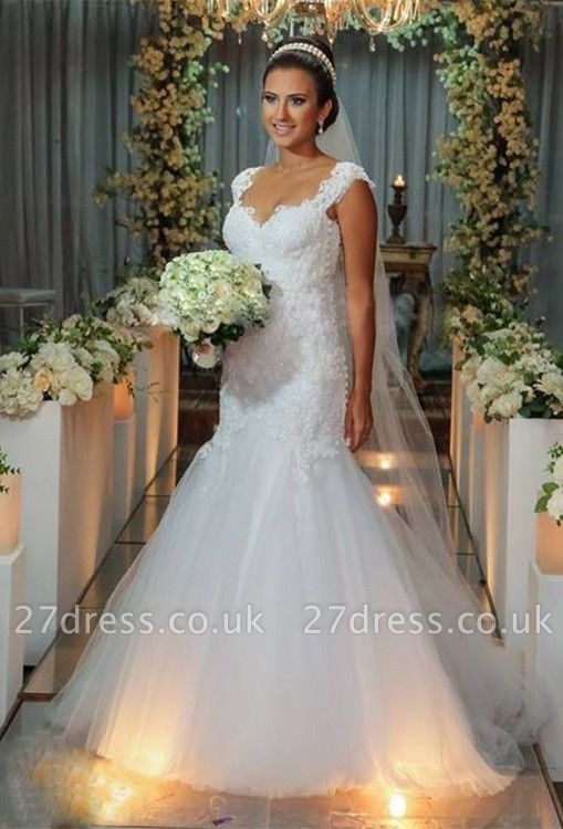 Modern Tulle Lace Appliques Sexy Mermaid Wedding Dress Sweep Train