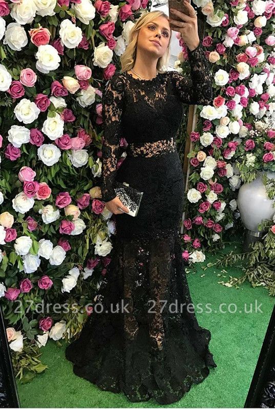 Elegant Black Long Sleeve Lace Prom Dress UK Sheer Party Gowns