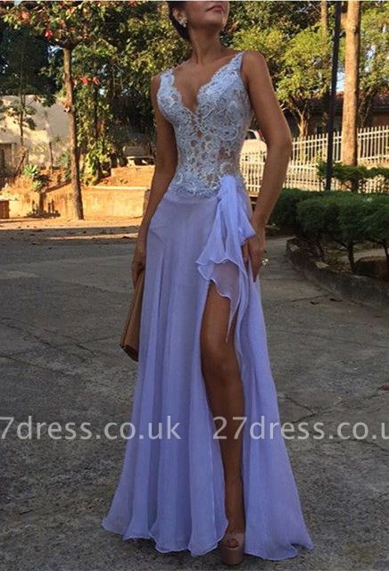 V-Neck Lace Evening Dress UK | 2019 Mermaid Prom Dress UK With Slit BA9608