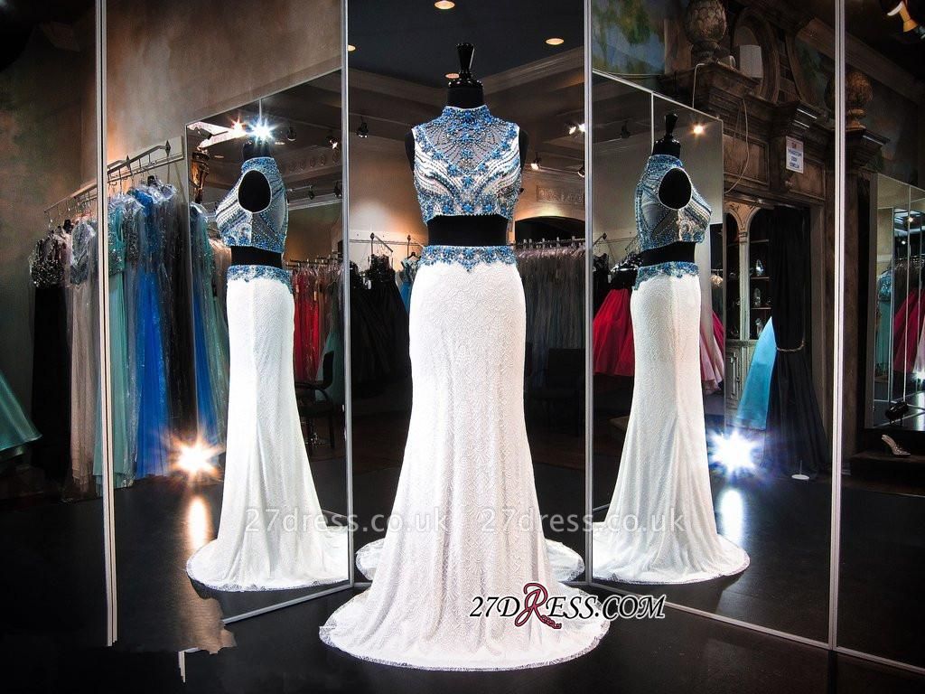 Luxury Crystals Lace Two-Piece Zipper Sleeveless High-Neck Evening Dress UK