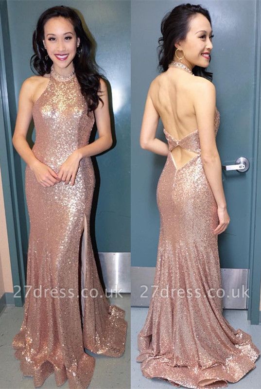 Sequins High-Neck Evening Dress UK | Split Formal Dress UK With Slit
