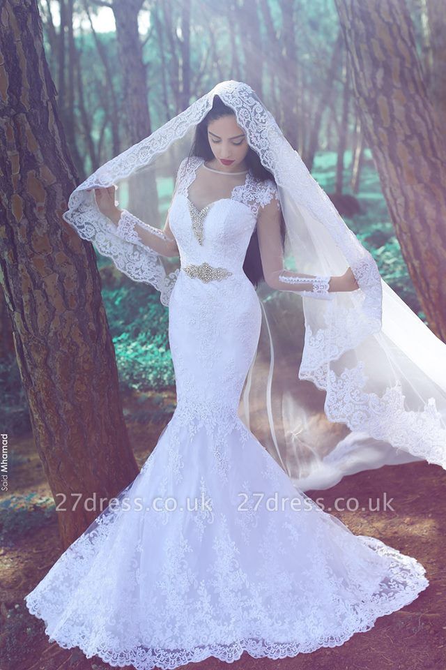 White Sexy Mermaid Tulle Appliques Wedding Dresses UK Long Sleeves Bridal Gowns with Beadss