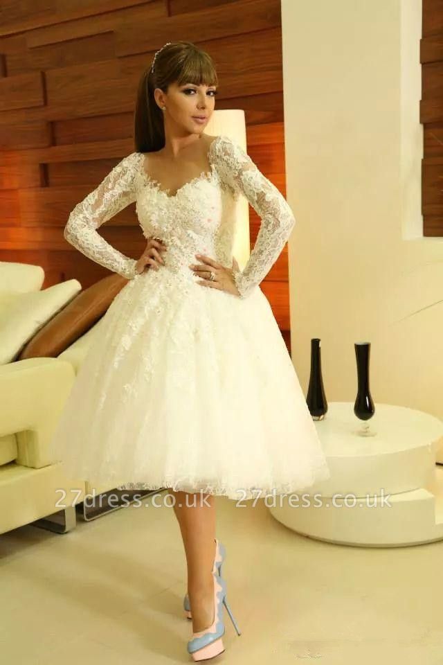 Modern Sweetheart Long Sleeve Short Wedding Dress With Lace Appliques