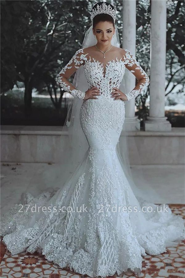 Glamorous Beaded Lace Sexy Mermaid Wedding Dresses UK with Sleeves Sheer Tulle Appliques Bride Dresses