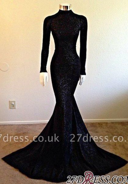 Modest Long-Sleeve Black High-Neck Mermaid Prom Dress UK sp0290