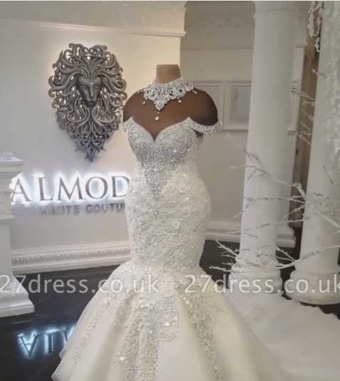 Glamorous Crystals  Sexy Mermaid Wedding Dresses UK | Off-the-Shoulder Appliques Bridal Gowns