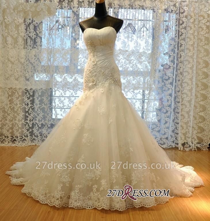 Ruched Flowers Beads Sweetheart-Neck Lace-Up Back Sexy Mermaid Lace Wedding Dresses UK
