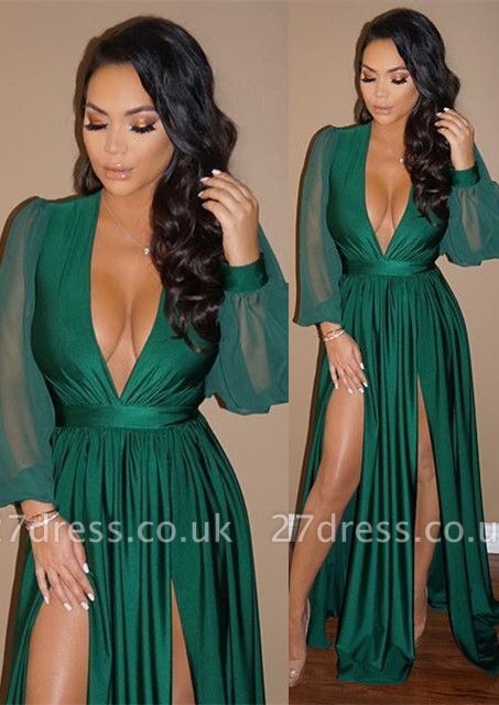 Sexy V-Neck Long Sleeve Prom Dress UK Green Split Long Evening Gowns BA7732