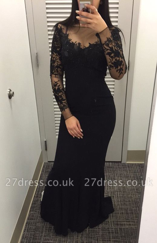 Elegant Black long Sleeve Evening Dress UK Mermaid with Lace Appliques HT380
