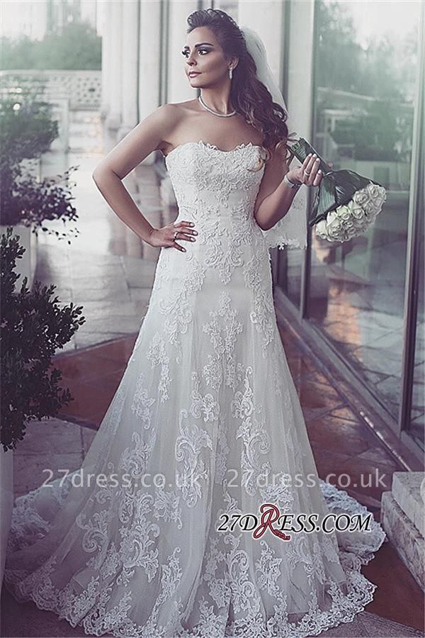 Lace Sweetheart Sleeveless Tulle Elegent Sweep-Train Wedding Dresses UK