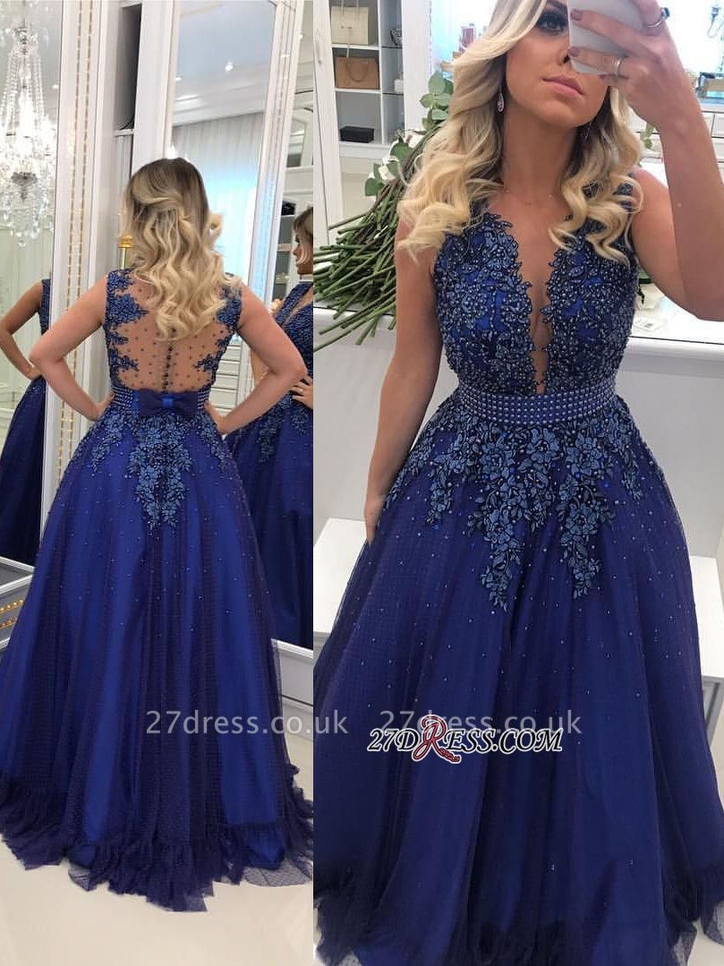 Gorgeous V-Neck Lace Prom Dress UKes UK | Long Navy Evening Dress UK Online BMT