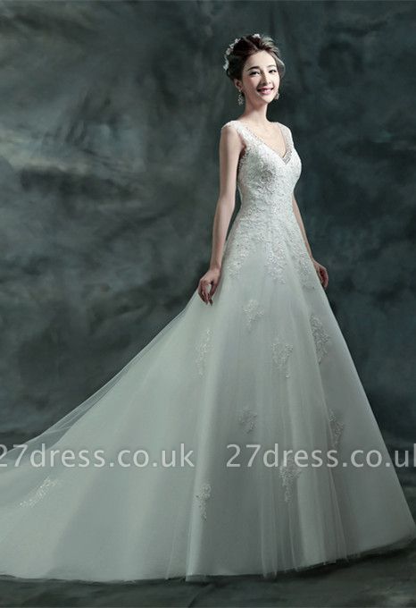 Gorgeous Sleeveless V-Neck Lace Appliques Wedding Dresses UK Long Train With Beadss