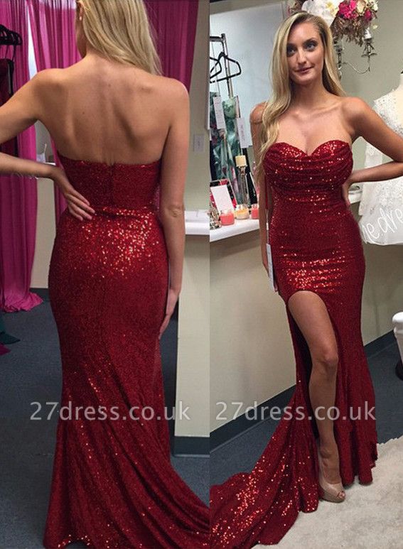 Elegant Red Sequins Prom Dress UKes UK Split Mermaid Zipper Back