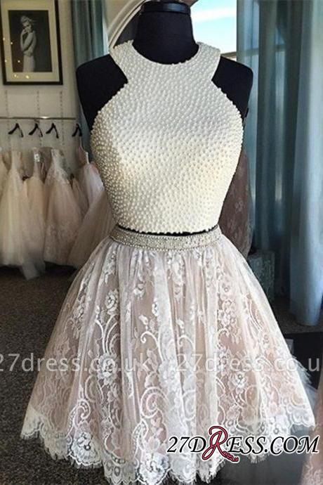 Luxury Short Pearls Two-Piece Lace Homecoming Dress UKes UK