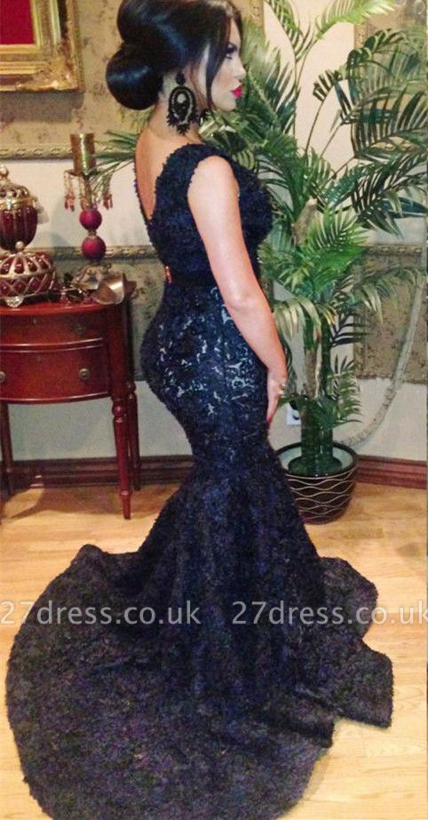 Black V-neck Beaded Lace Mermaid Prom Dress UK Sweep Train Backless Evening Gowns