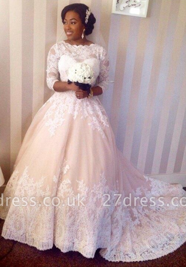 Modest 3/4 Sleeves Lace Wedding Dresses UK Scalloped-Edge Court Train Bridal Gowns