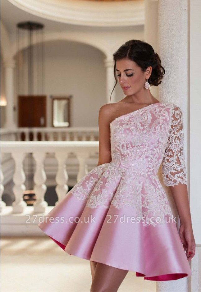 Lovely One Sleeve Lace Appliques Homecoming Dress UK Pink Short Prom Dress UK