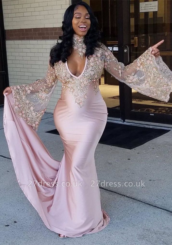 Luxury Long Sleeve Prom Dress UK Mermaid Pink With Lace Appliques BK0