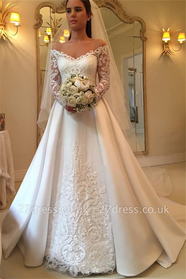 A-Line Off-the-Shoulder Detachable-Train Long-Sleeves Newest Wedding Dresses UK
