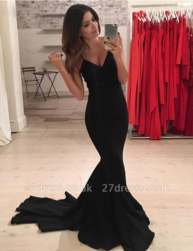 Elegant Spaghetti-Strap Black V-Neck Mermaid Prom Dress UK BA5230
