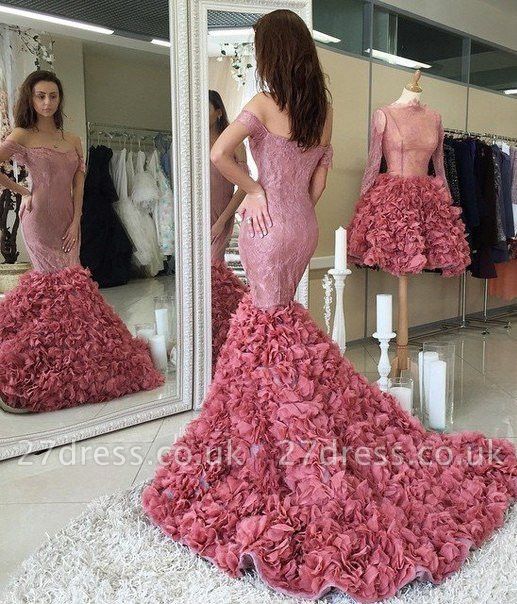 Gorgeous Off-the-shoulder Lace Prom Dress UKes UK Mermaid Ruffles Party Gowns