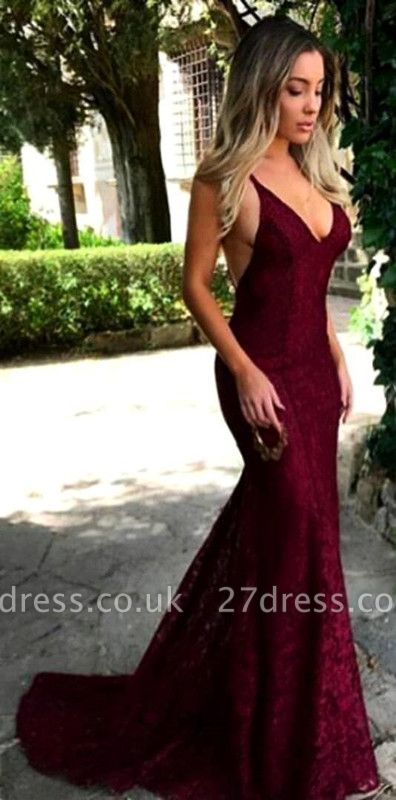 Gorgeous Maroon V Neck Lace Evening Dress UK Long Mermaid Prom Dress BA7196