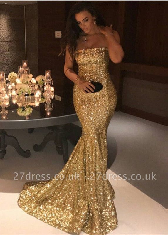 Luxury Strapless Mermaid Evening Dress UK Long Glitter Sequins Prom Dress