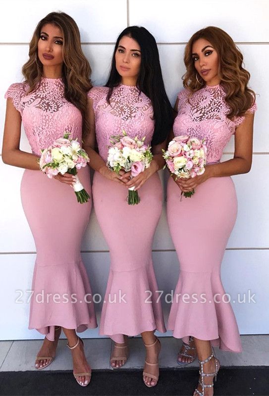Pink Mermaid Bridesmaid Dress UK | Lace Cap Sleeve Wedding Reception Dress UK