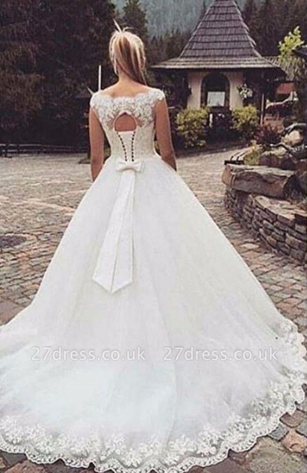 Lace-Up Back Capped-Sleeves Ball Gown Bow Wedding Dresses UK