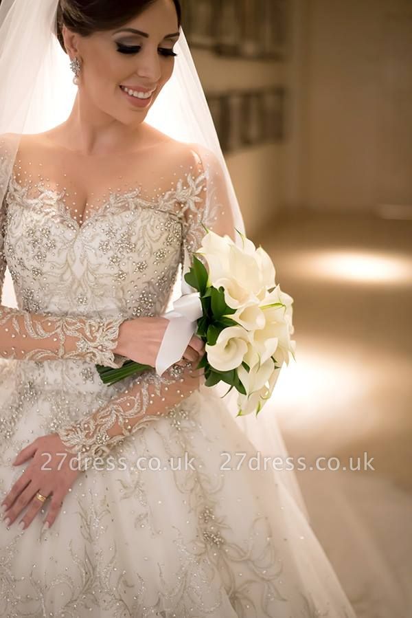 Luxurious Long Sleeve Beadss Wedding Dress Long Train Tulle WE0082