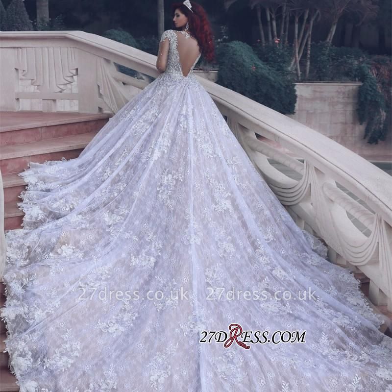 Glamorous Muslim Lace Beads Sheer Cathedral-Train Crystal Vintage Wedding Dress BA6920