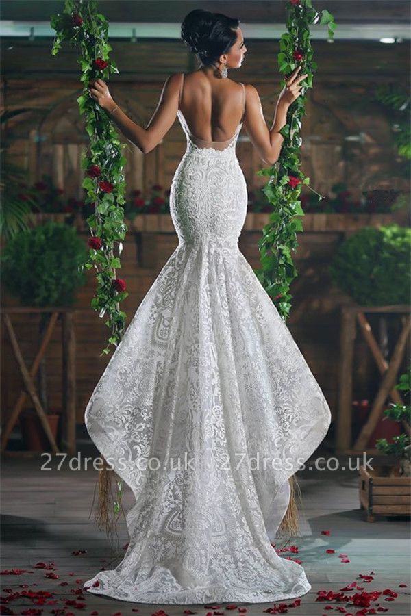 V-Neck Sexy Mermaid Wedding Dresses UK Long Unique Lace Ope Back Tulle Straps Bridal Gowns