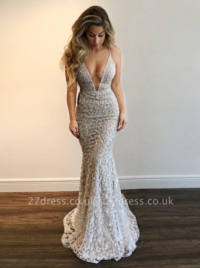 Luxury V-Neck Prom Dress UK | Lace Mermaid Evening Gowns BA9393