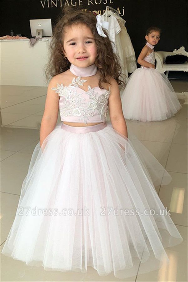 Flower Lovely Two-Pieces Sweetheart Tulle Pink Appliques Girl Dresses