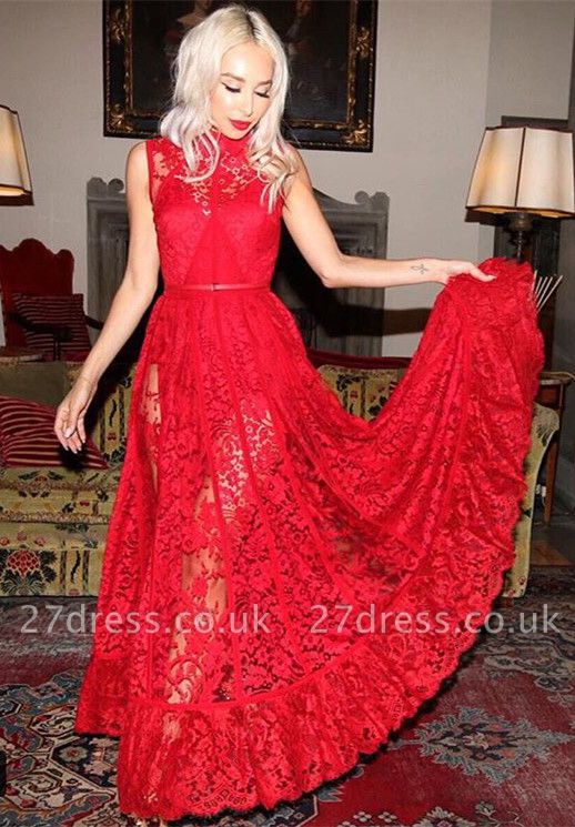 Elegant High Neck Sleeveless Red Evening Dress UK Lace