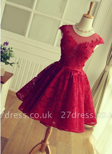 Delicate Red Lace Appliques Homecoming Dress UK Mini Cap Sleeve