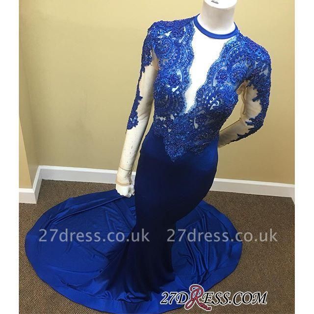 Royal-Blue Appliques Sheath Sheer Lace Tulle Long-Sleeve Scoop Prom Dress UK  JJ0119