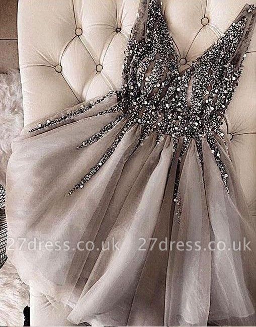 A-Line Shiny Beading Homecoming Dress UKes UK | V-Neck Sleeveless Cocktail Dress UKes UK