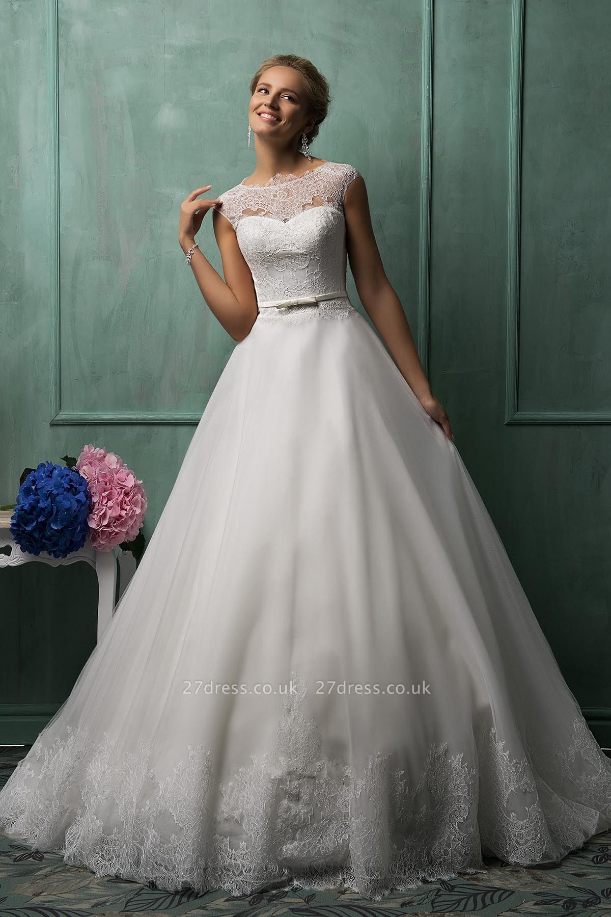 Elegant Illusion Cap Sleeve Tulle Wedding Dress With Lace Appliques