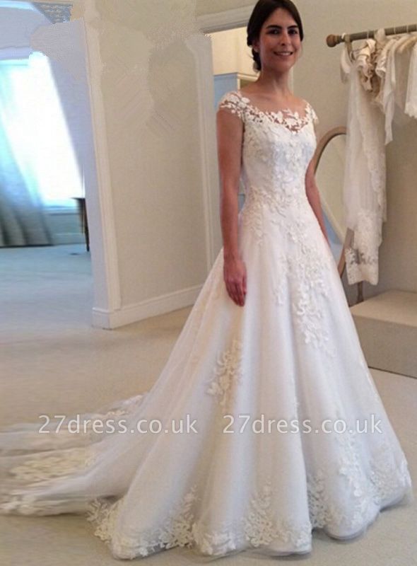 Elegant Cap Sleeve Lace Appliques Wedding Dresses UK A-Line Zipper Button Bridal Gowns
